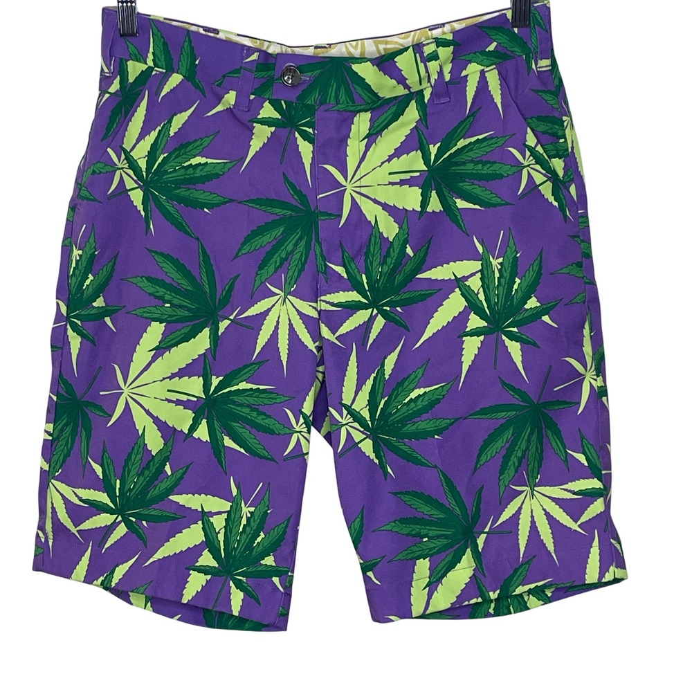 Loudmouth Golf Mens Purple Green Cannabis Marijuana Leaf Print Shorts Size 32